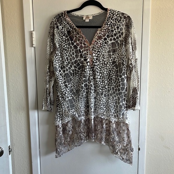 Kamana Sheer animal print tunic with lining and lace. Size Medium - Picture 1 of 5